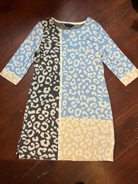 Ming Wang Blue, Black, and Cream Leopard Print Knit Dress